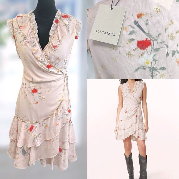 🔥🔥 NWT ALL SAINTS Musical Floral Wrap Mini Dress Size 6 US 10 UK EU 38 - Picture 1 of 16